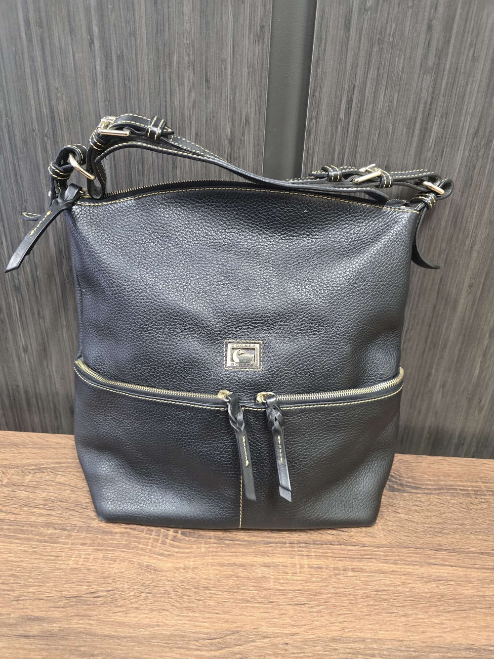 Dooney & Bourke Black Pebbled Leather Hobo Shoulder Bag Gold Hardware